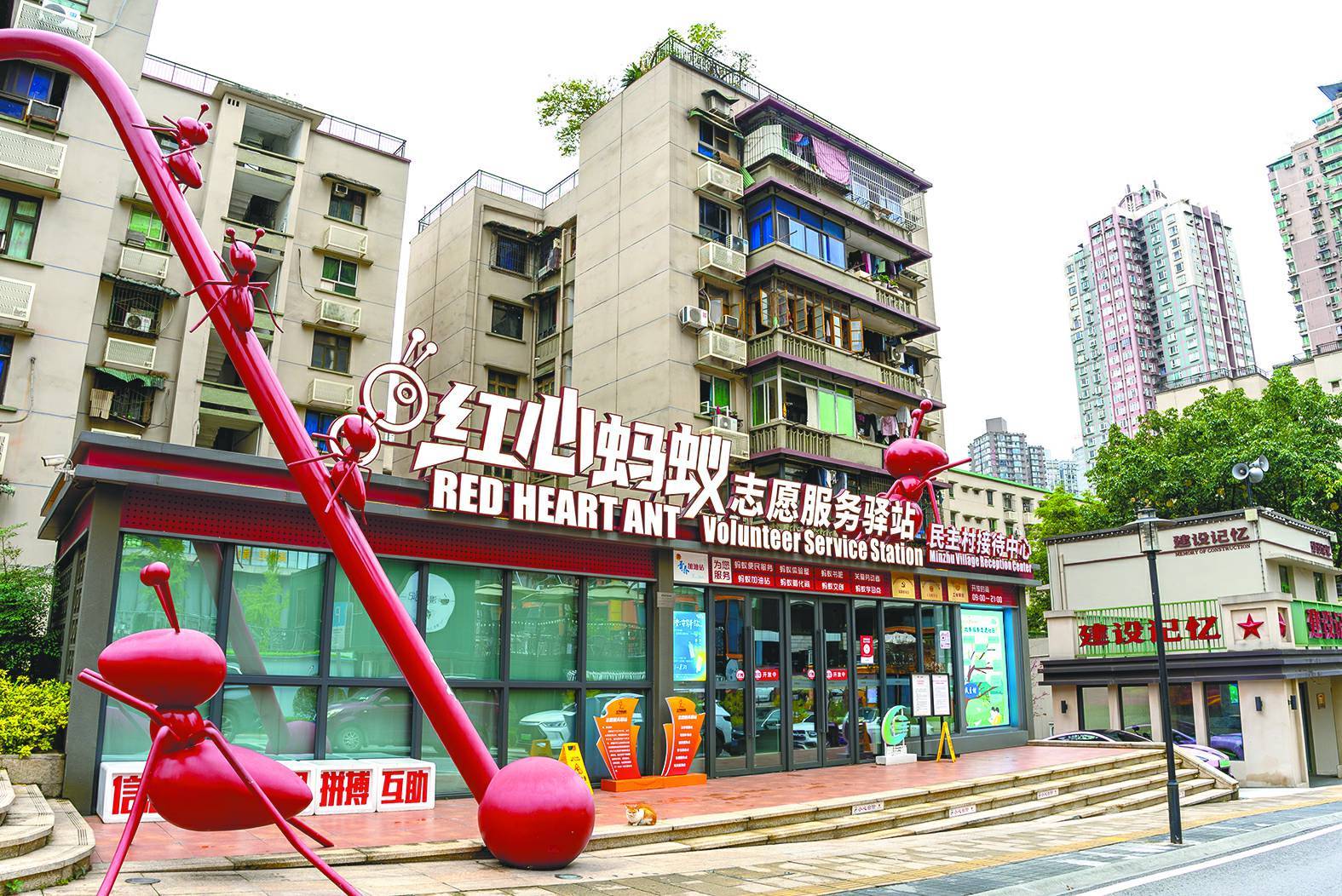 在紅心螞蟻志愿服務驛站，飲水機、充電寶、心理咨詢、蟻巢書屋等，應有盡有。